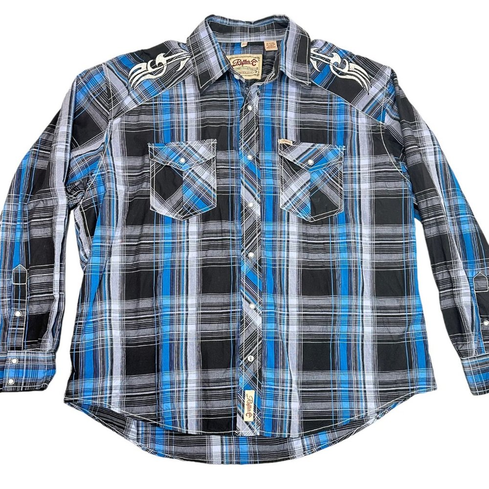Rafter C Cowboy Collection Western Blue Black Plaid Pearl Snap Button Up XXL